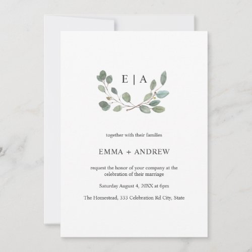 Minimal Leaves Watercolor Laurel Wedding Invite