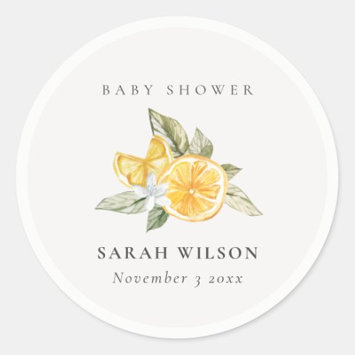 Minimal Lemon Botanical Leafy Boho Baby Shower Classic Round Sticker
