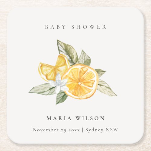 Minimal Lemon Botanical Leafy Boho Baby Shower Square Paper Coaster