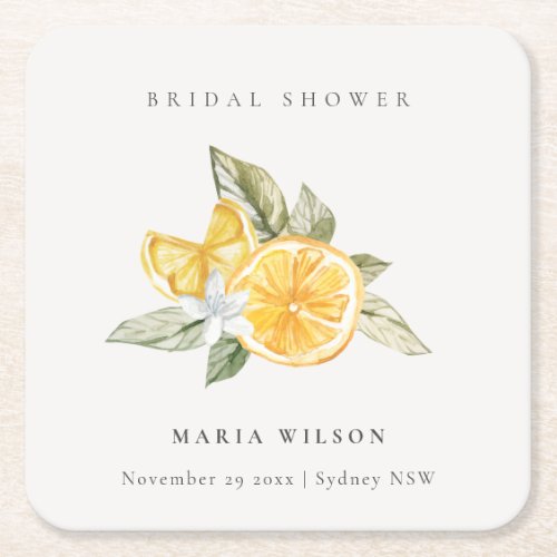 Minimal Lemon Foliage Boho Couples Shower Welcome Square Paper Coaster