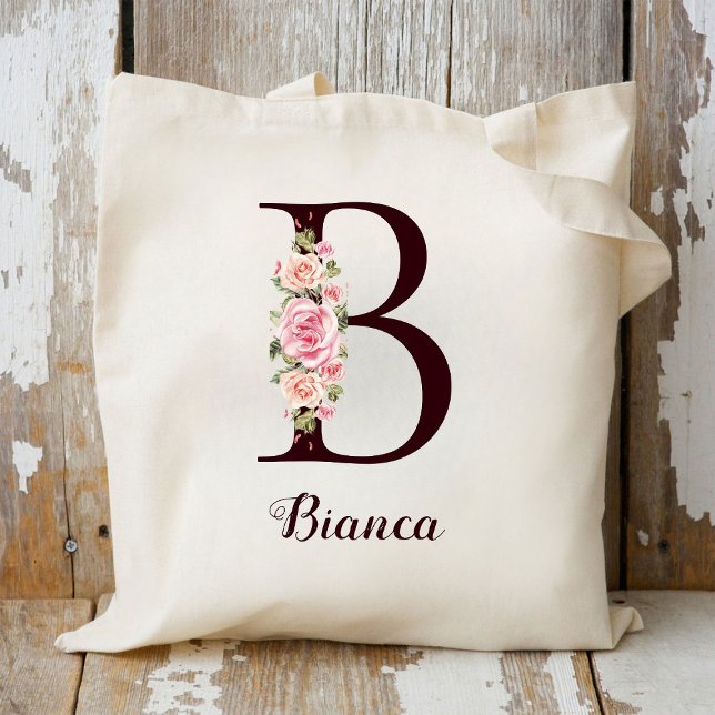 Minimal Letter B Blush Floral Personalized Gift Tote Bag (Creator Uploaded)