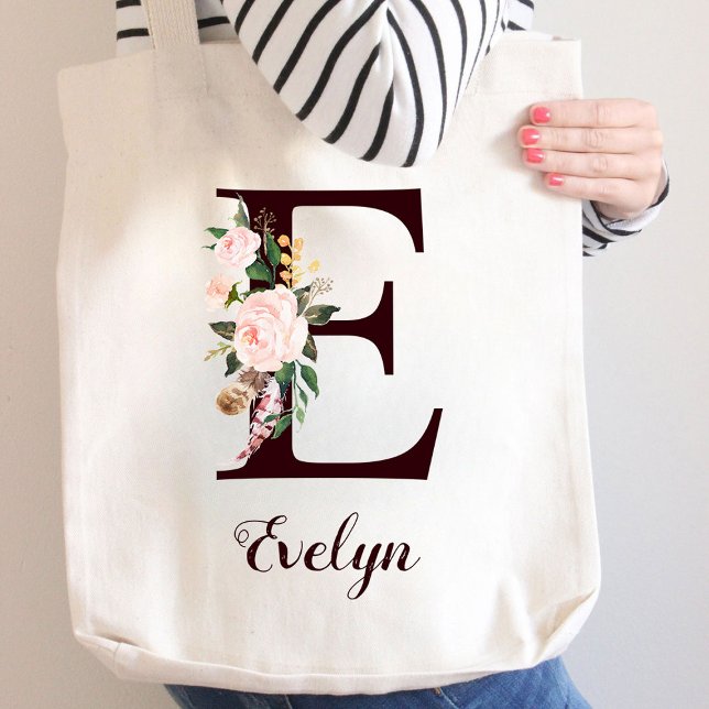 Minimal Letter E Blush Floral Personalized Gift Tote Bag (Creator Uploaded)