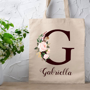 Minimal Letter G Blush Floral Personalized Gift Tote Bag