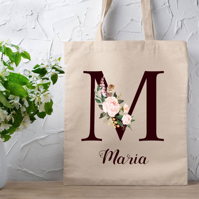 Minimal Letter M Blush Floral Personalized Gift Tote Bag (Creator Uploaded)
