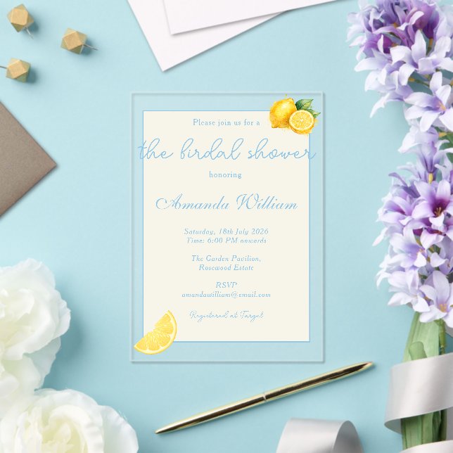 Minimal Light Blue Italian Lemons bridal Shower Acrylic Invitations (Insitu (Wedding))