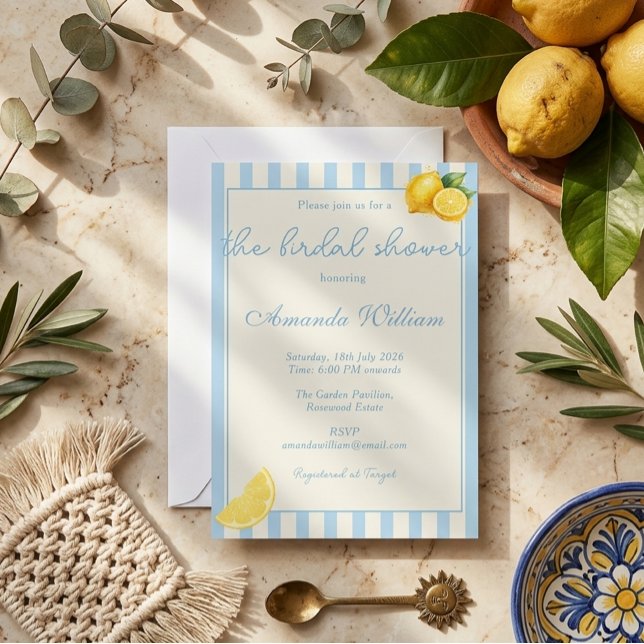 Minimal Light Blue Stripes Lemons bridal Shower Invitation (Creator Uploaded)