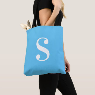 Minimal Light Blue with Large White Monogram Tote Bag