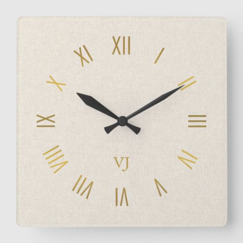 Minimal light cream linen Gold Roman Numerals Square Wall Clock