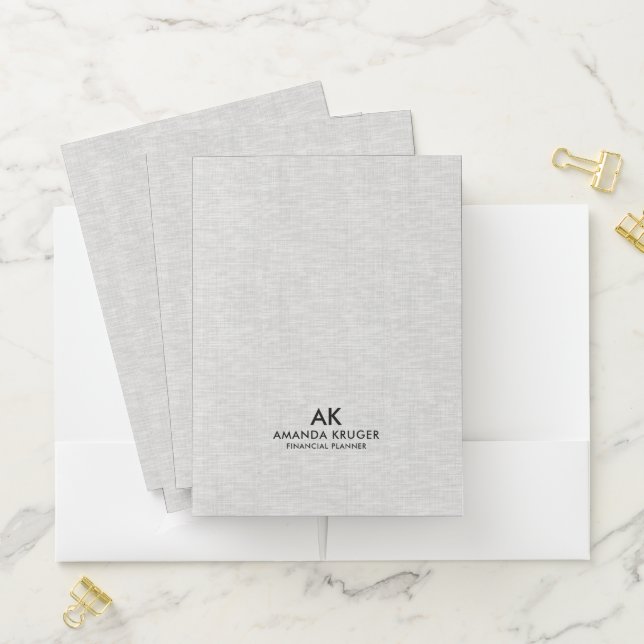 Minimal Light Gray Linen Texture Black Typography Pocket Folder (In Situ)