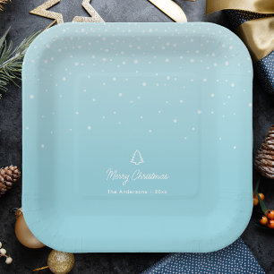 Minimal Light Pastel Blue Snowy Christmas Party Paper Plates