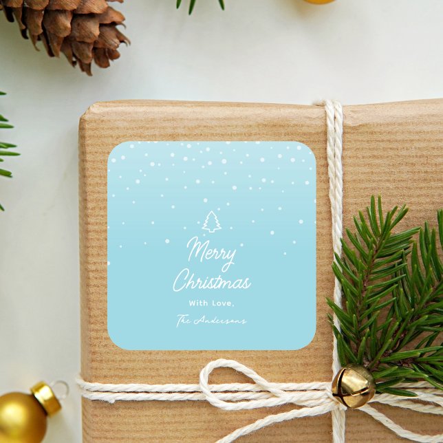 Minimal Light Pastel Blue Snowy Merry Christmas  Square Sticker (Creator Uploaded)