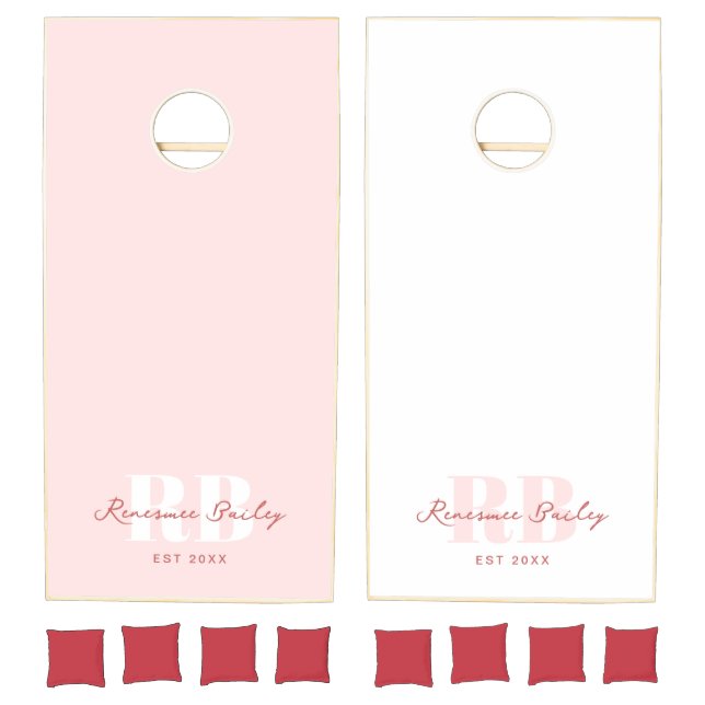 Minimal Light Pink and White Monogram  Cornhole Set (Set)
