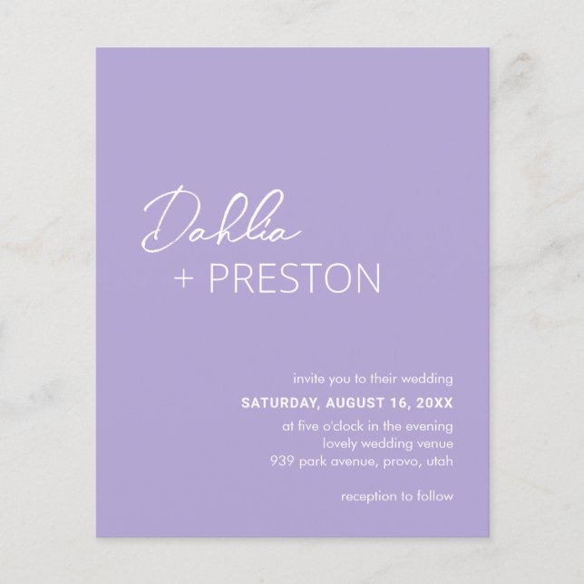 Minimal Lilac Modern Budget Wedding Invite (Front)