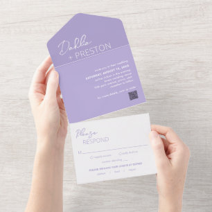 Minimal Lilac QR Code Modern Wedding All In One Invitation