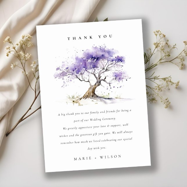 Minimal Lilac Watercolor Jacaranda Tree Wedding Thank You Card (Creator Uploaded)
