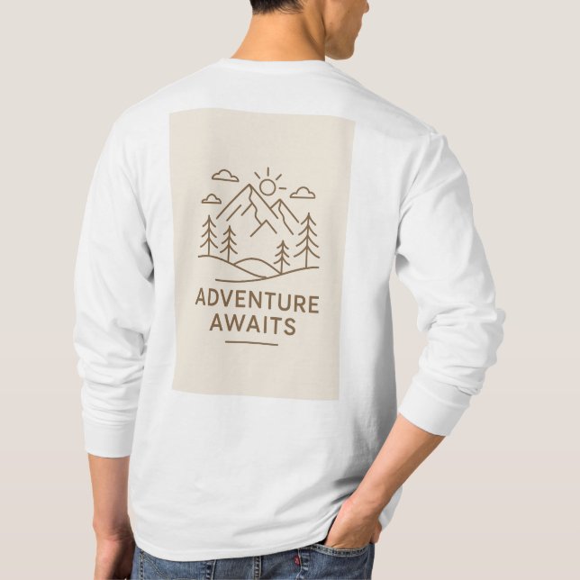 Minimal Line-Art “Adventure Awaits” T-shirt design (Back)