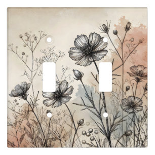 Minimal Line Art Boho Style Wildflower  Light Switch Cover