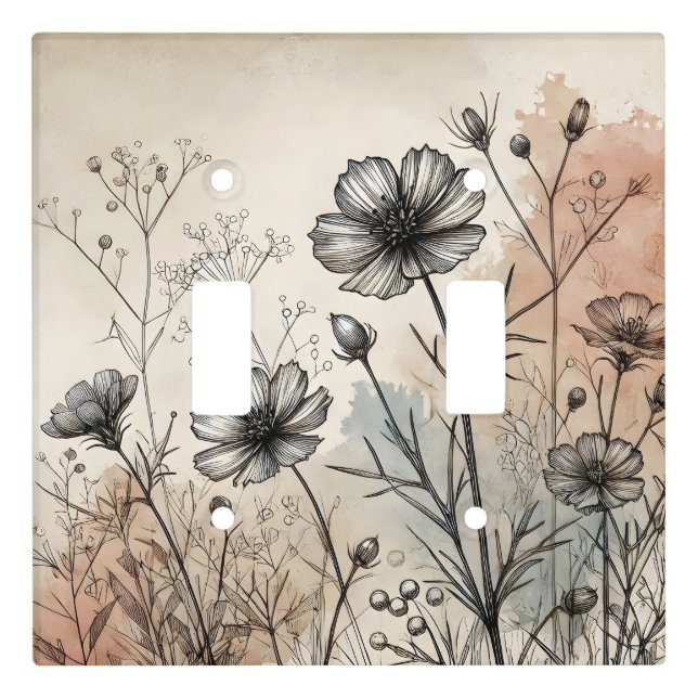 Minimal Line Art Boho Style Wildflower  Light Switch Cover (Front)