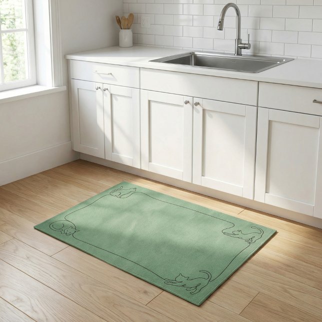 Minimal Line Art Cat Border in Sage Green Rug (Creator Uploaded)