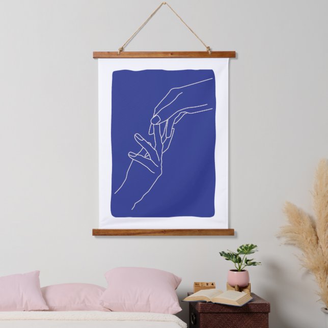 Minimal Line Art Hands Abstract Modern Blue Poster Hanging Tapestry (Bedroom)