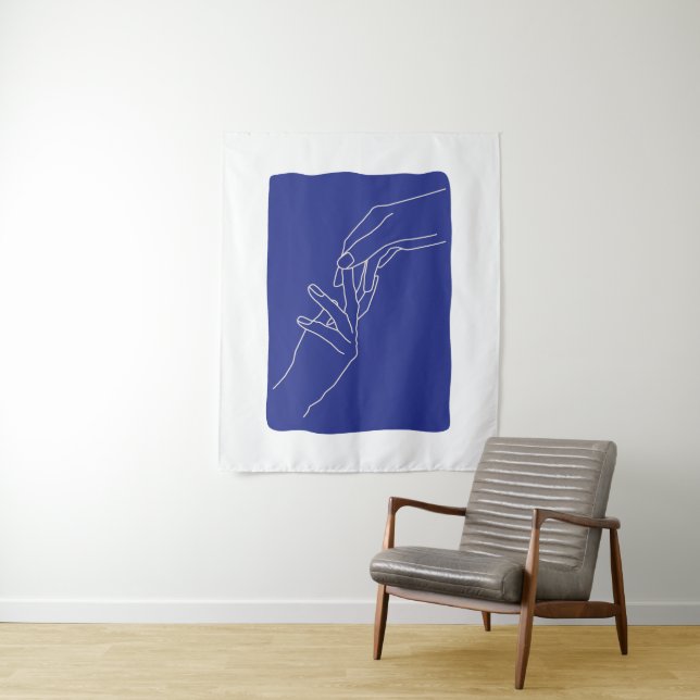 Minimal Line Art Hands Abstract Modern Blue Poster Tapestry (In Situ)