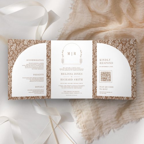 Minimal Line Art Leaf Arch Beige Wedding Tri_Fold Invitation