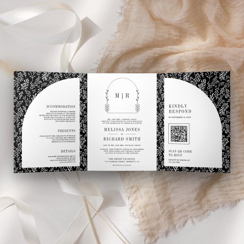 Minimal Line Art Leaf Arch Black and White Wedding Tri_Fold Invitation