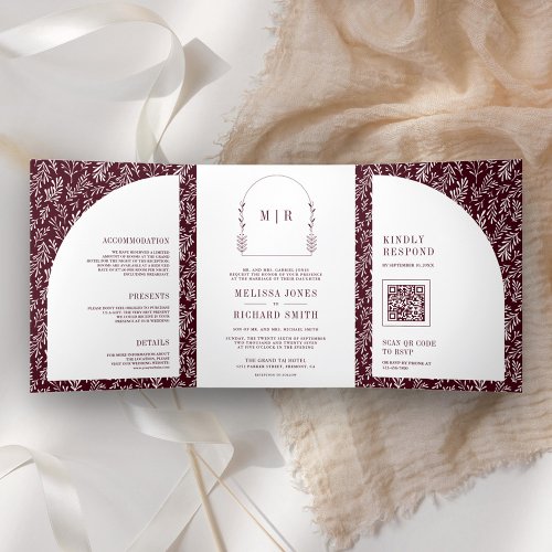 Minimal Line Art Leaf Arch Burgundy Wedding Tri_Fold Invitation