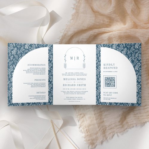 Minimal Line Art Leaf Arch Dusty Blue Wedding Tri_Fold Invitation