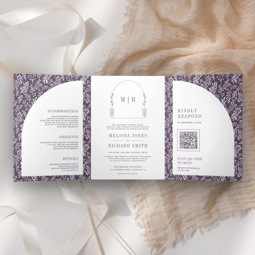 Minimal Line Art Leaf Arch Dusty Purple Wedding Tri_Fold Invitation