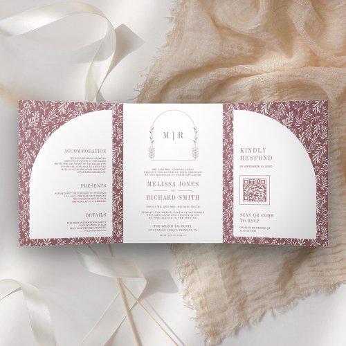 Minimal Line Art Leaf Arch Dusty Rose Wedding Tri_Fold Invitation