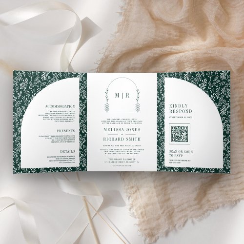 Minimal Line Art Leaf Arch Emerald Green Wedding Tri_Fold Invitation