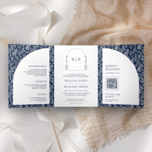 Minimal Line Art Leaf Arch Navy Blue Wedding Tri_Fold Invitation