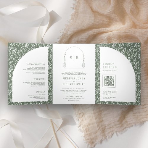 Minimal Line Art Leaf Arch Sage Green Wedding Tri_Fold Invitation