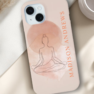 Minimal Line Art Meditating Woman Watercolor iPhone 15 Case
