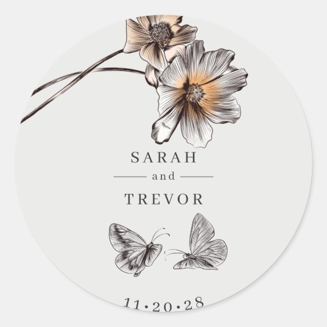 Minimal Line Art Terracotta Poppies Classic Round Sticker (Front)