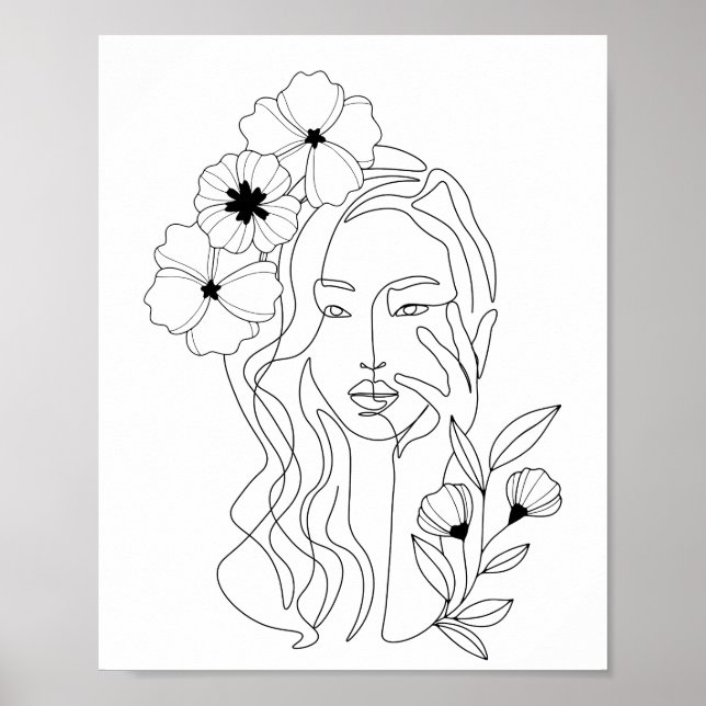 Minimal Line Art Woman Flower Head Poster (Front)