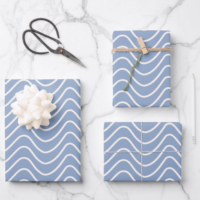 Minimal Line Chevron Pattern Blue Wrapping Paper Sheets (Front)