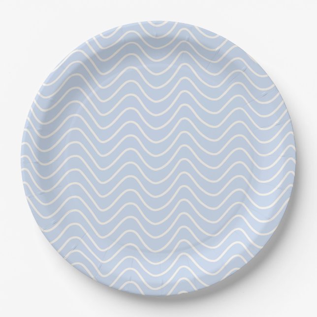 Minimal Line Chevron Pattern Coastal Light Blue Paper Plates (Front)