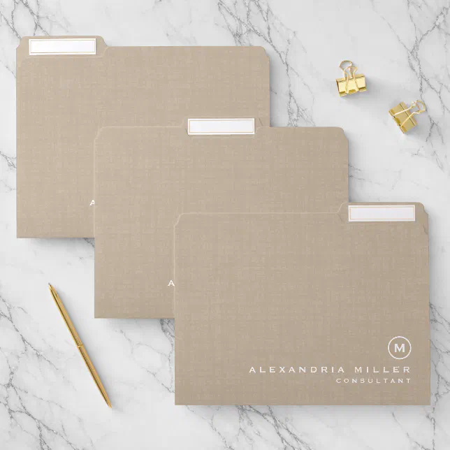 Minimal Linen Beige Monogram File Folder | Zazzle