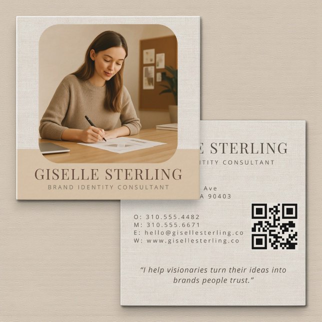 Minimal Linen Modern Name Business Photo Square Business Card (Creator Uploaded)