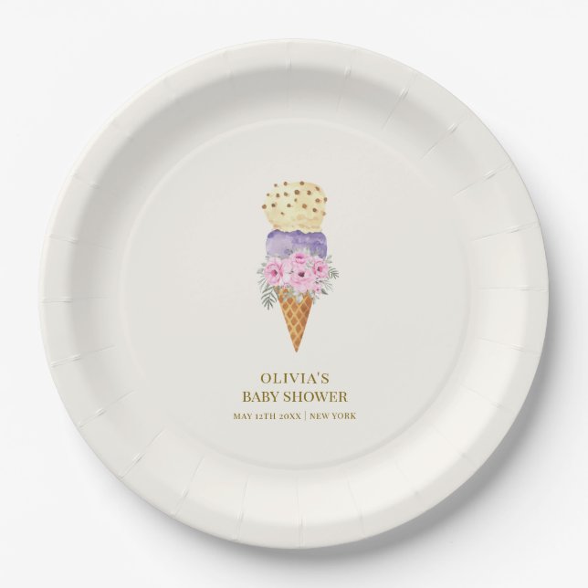 Minimal Little Flower Scoop Ice Cream Baby Shower Paper Plates (Front)