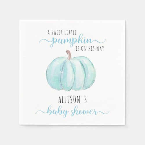 Minimal Little Pumpkin Blue Watercolor Baby Shower Napkins