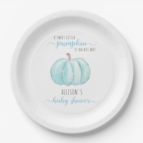 Minimal Little Pumpkin Watercolor Blue Baby Shower Paper Plates