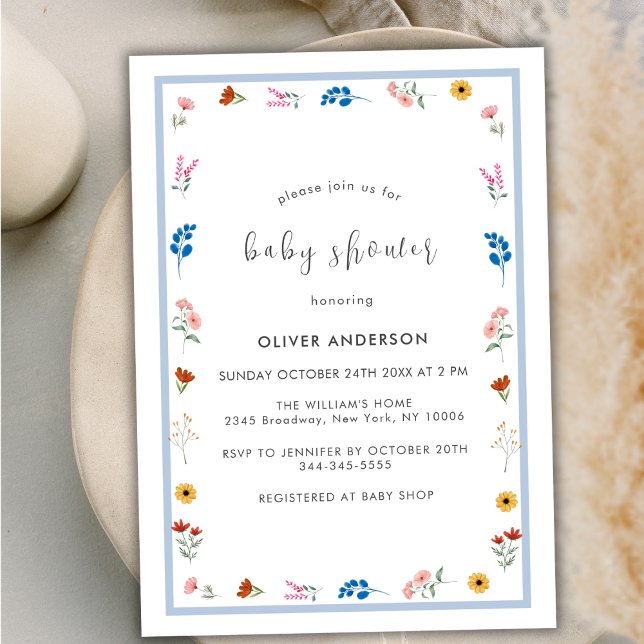 Minimal Little Wildflower Frame Boy Baby Shower  Invitation (Minimal Little Wildflower Frame Boy Baby Shower Invitation)