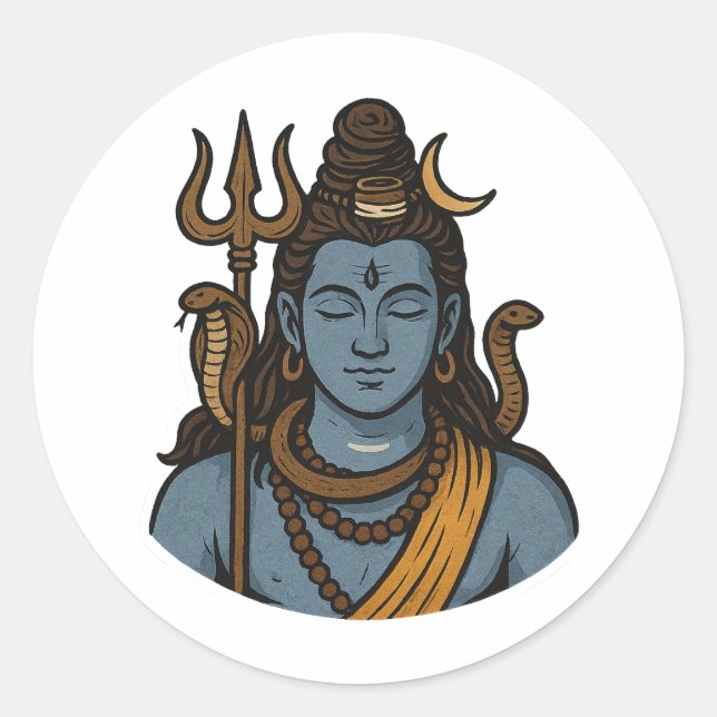 "Minimal Lord Shiva Trident, Snake, Divine Calm Classic Round Sticker (Front)
