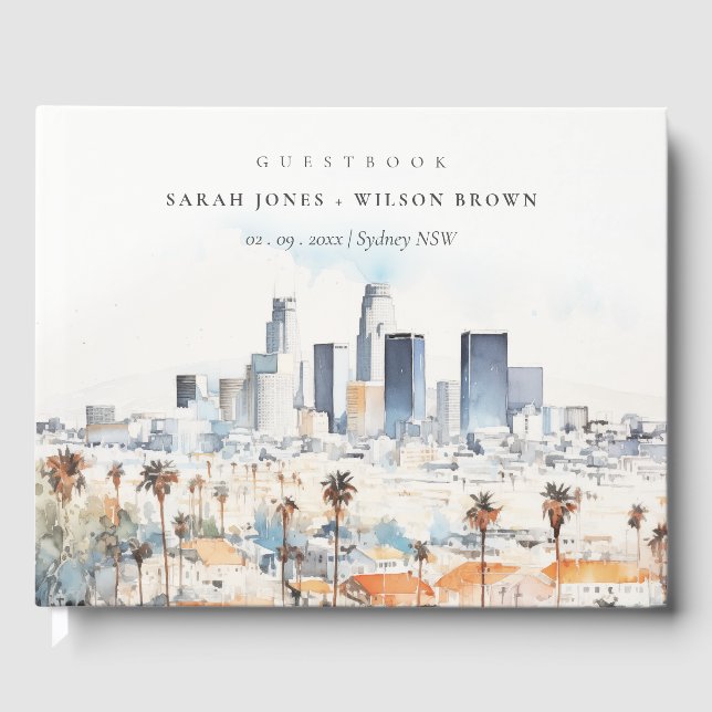 Minimal Los Angeles, California Watercolor Wedding Guest Book (Front)