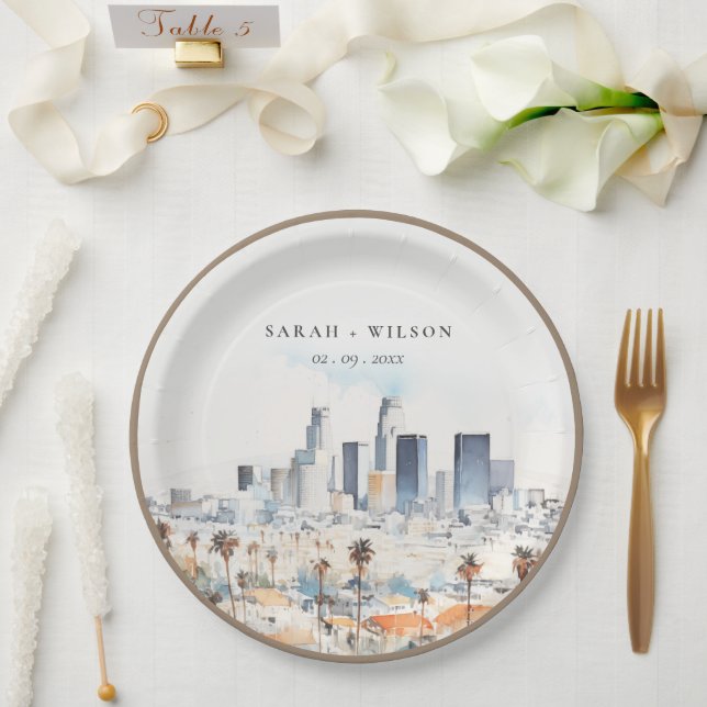 Minimal Los Angeles, California Watercolor Wedding Paper Plates (Wedding)