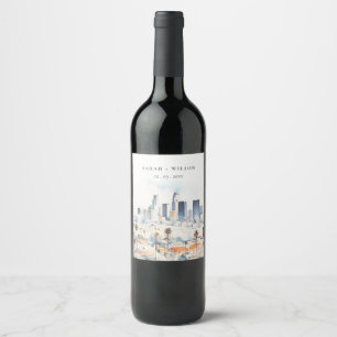 Minimal Los Angeles, California Watercolor Wedding Wine Label