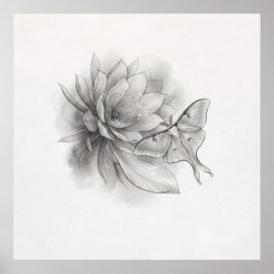 Minimal Luna Moth Lotus Flower Pencil Art Poster